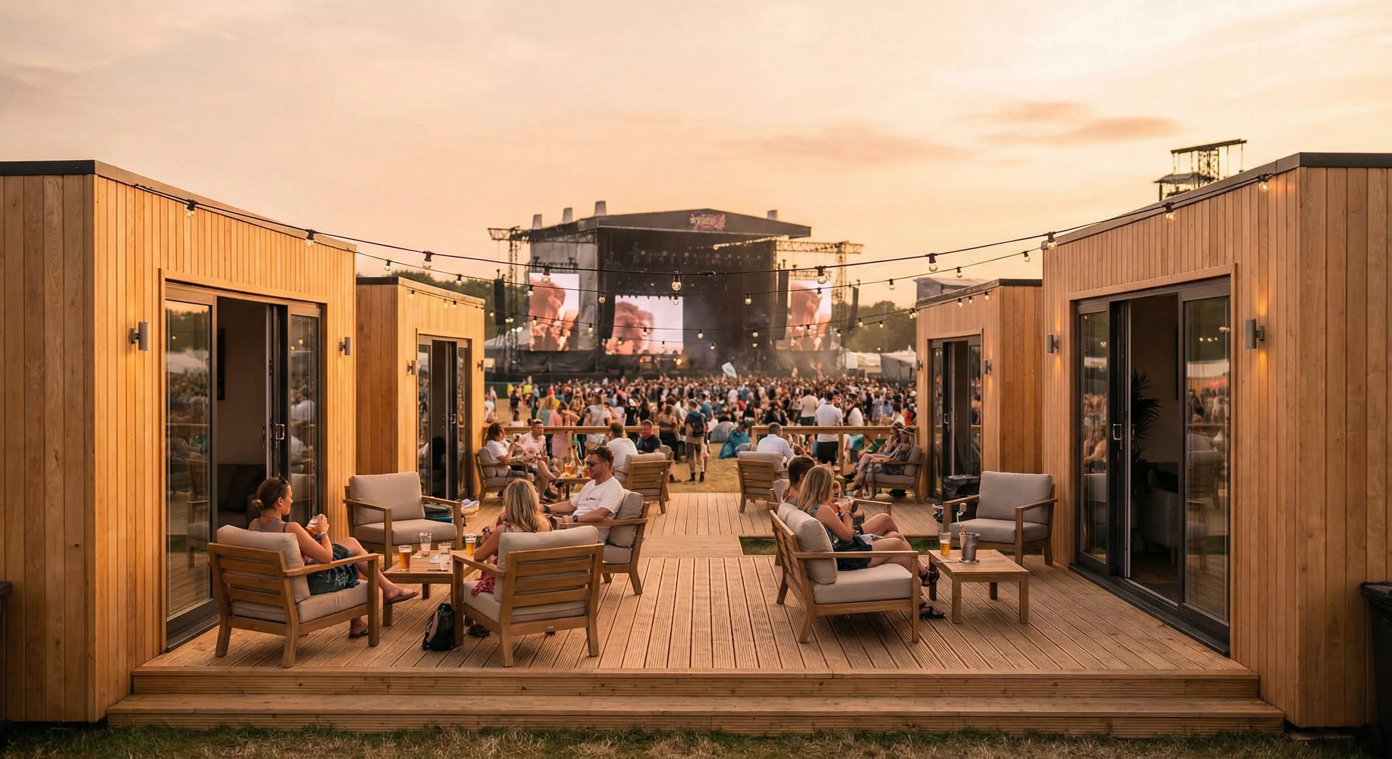 Modular Fabox accommodation units at a UK music festival during golden hour