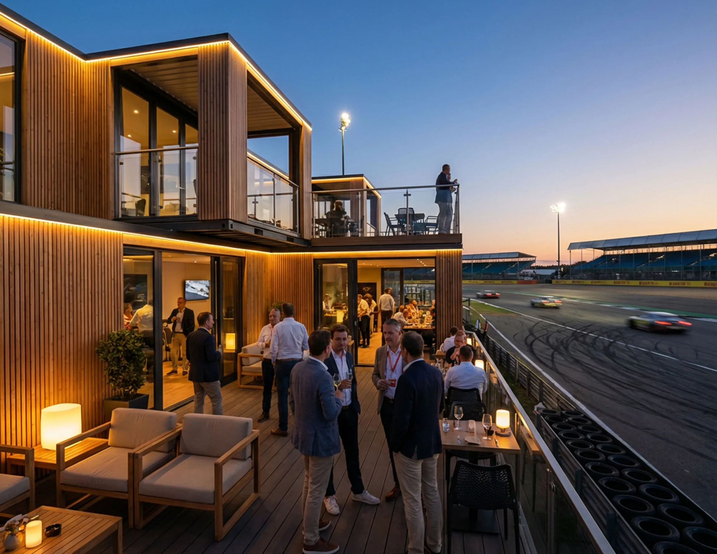 Two-level modular hospitality space with terrace overlooking an event venue