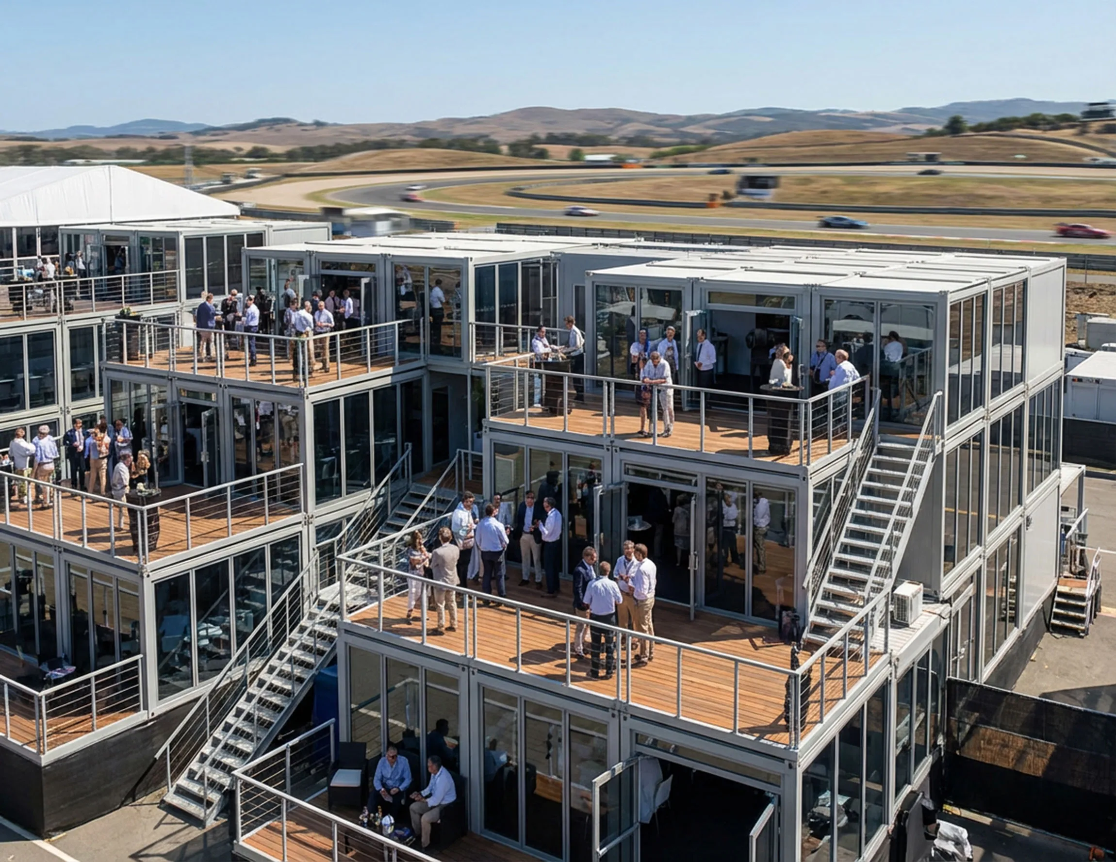 Large multi-unit modular event structure with multiple terraces and stairs